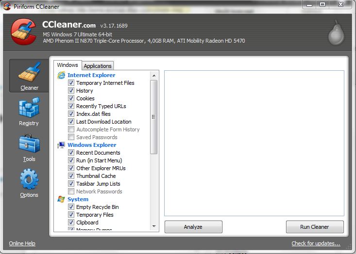 CCleaner - úvodní strana